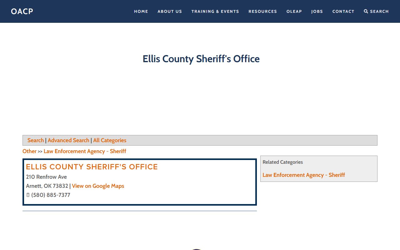 Ellis County arrest records source, the Ellis County Sheriff's Office directory listing