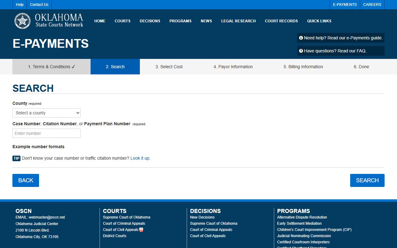 Ellis County court dockets payment search on the OSCN e-Payments system