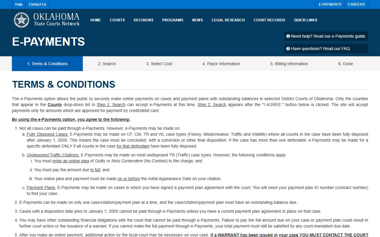 Ellis County court dockets payment terms on the OSCN e-Payments page