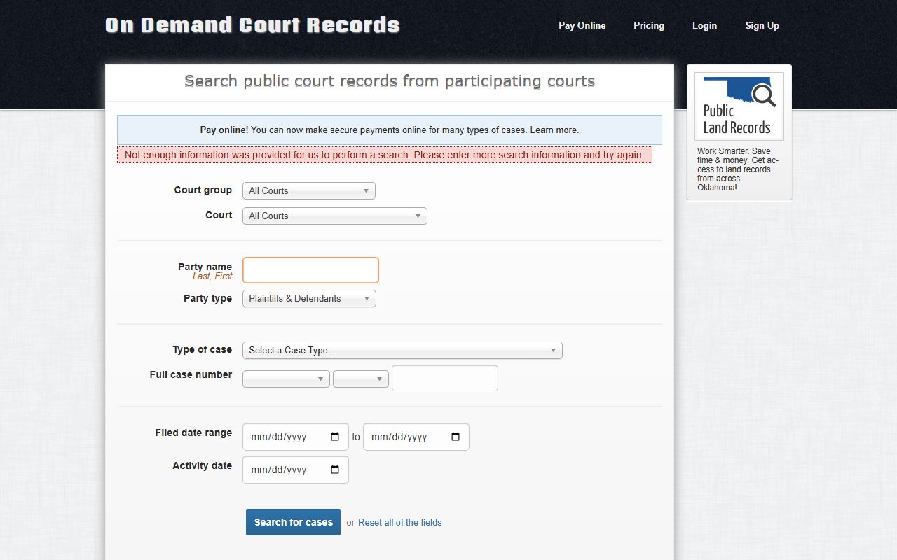 ODCR search filters for Ellis County court records