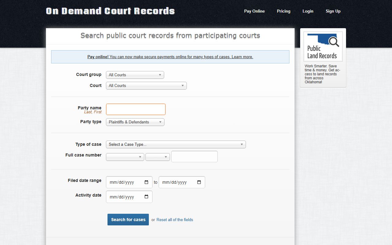ODCR home page for Ellis County court records search