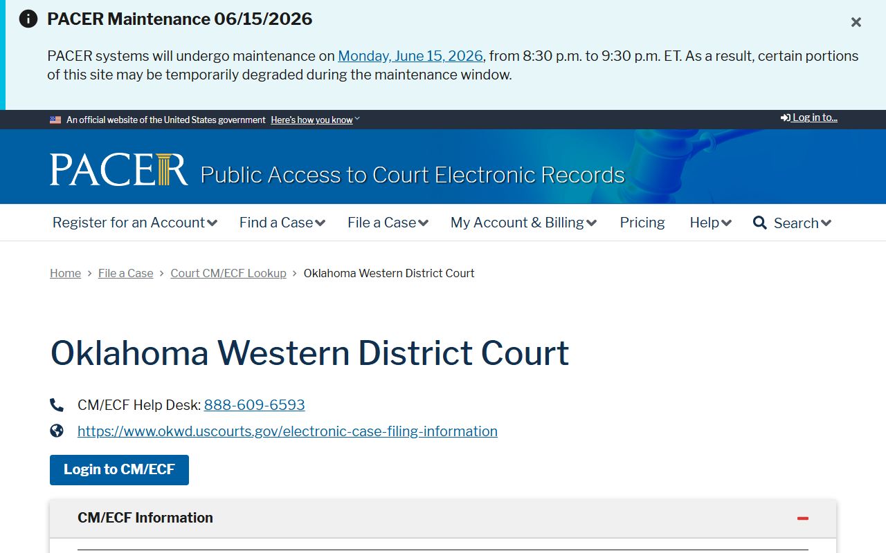 PACER Western District of Oklahoma lookup separate from Ellis County District Court records
