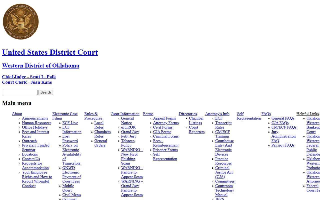 U.S. District Court Western District of Oklahoma site referenced beside Ellis County District Court records