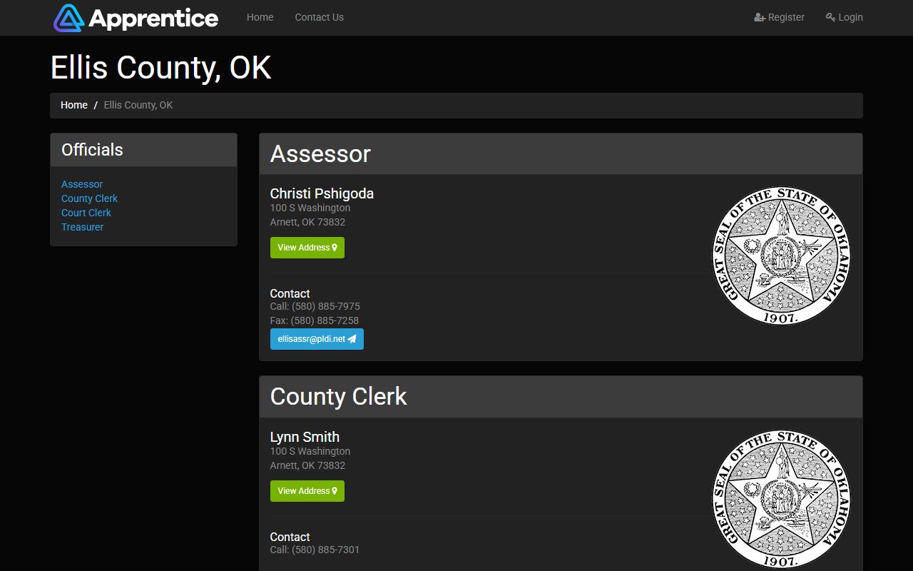 Ellis County court records officials directory with Court Clerk and County Clerk listings