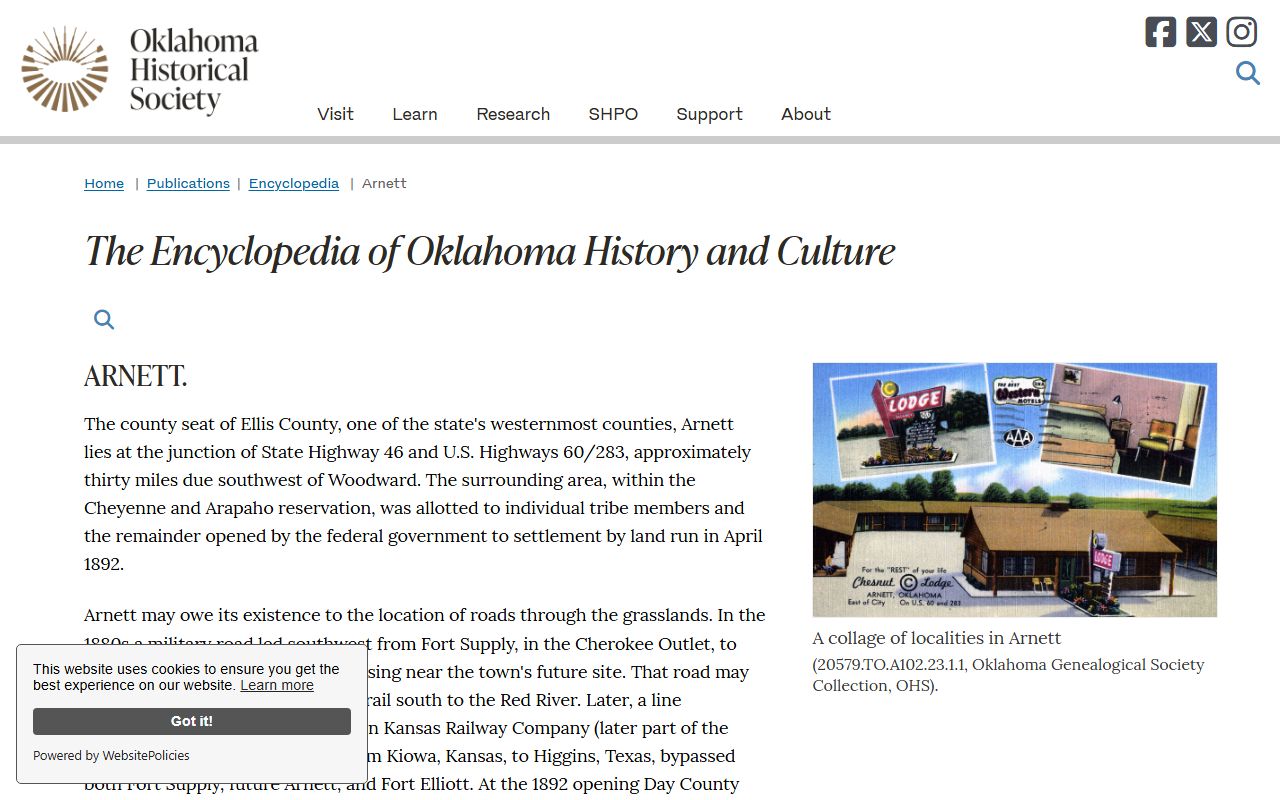 Ellis County court records and Arnett county-seat history from the Oklahoma Historical Society