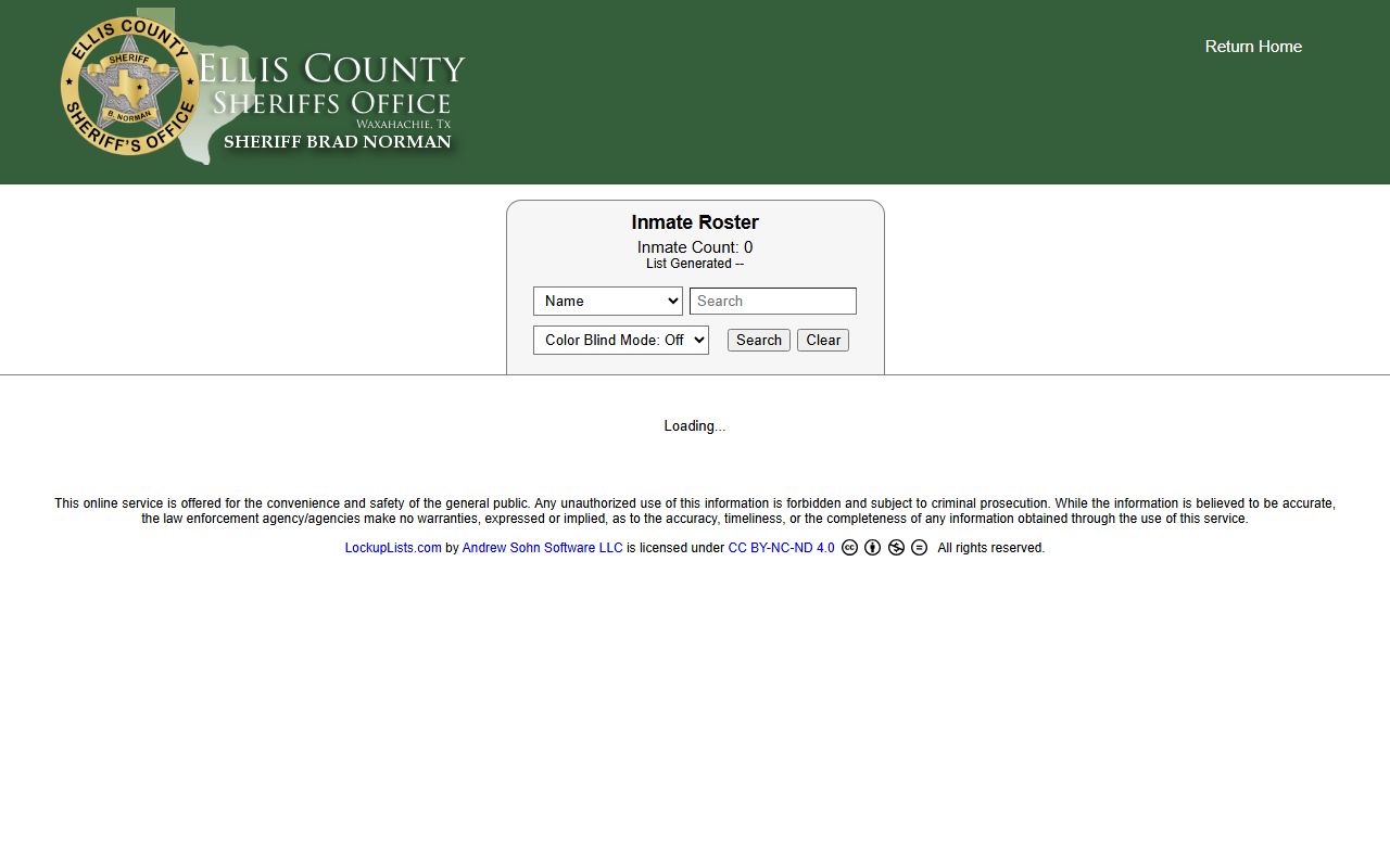 Ellis County inmate roster search interface for the Sheriff's Office jail in Arnett
