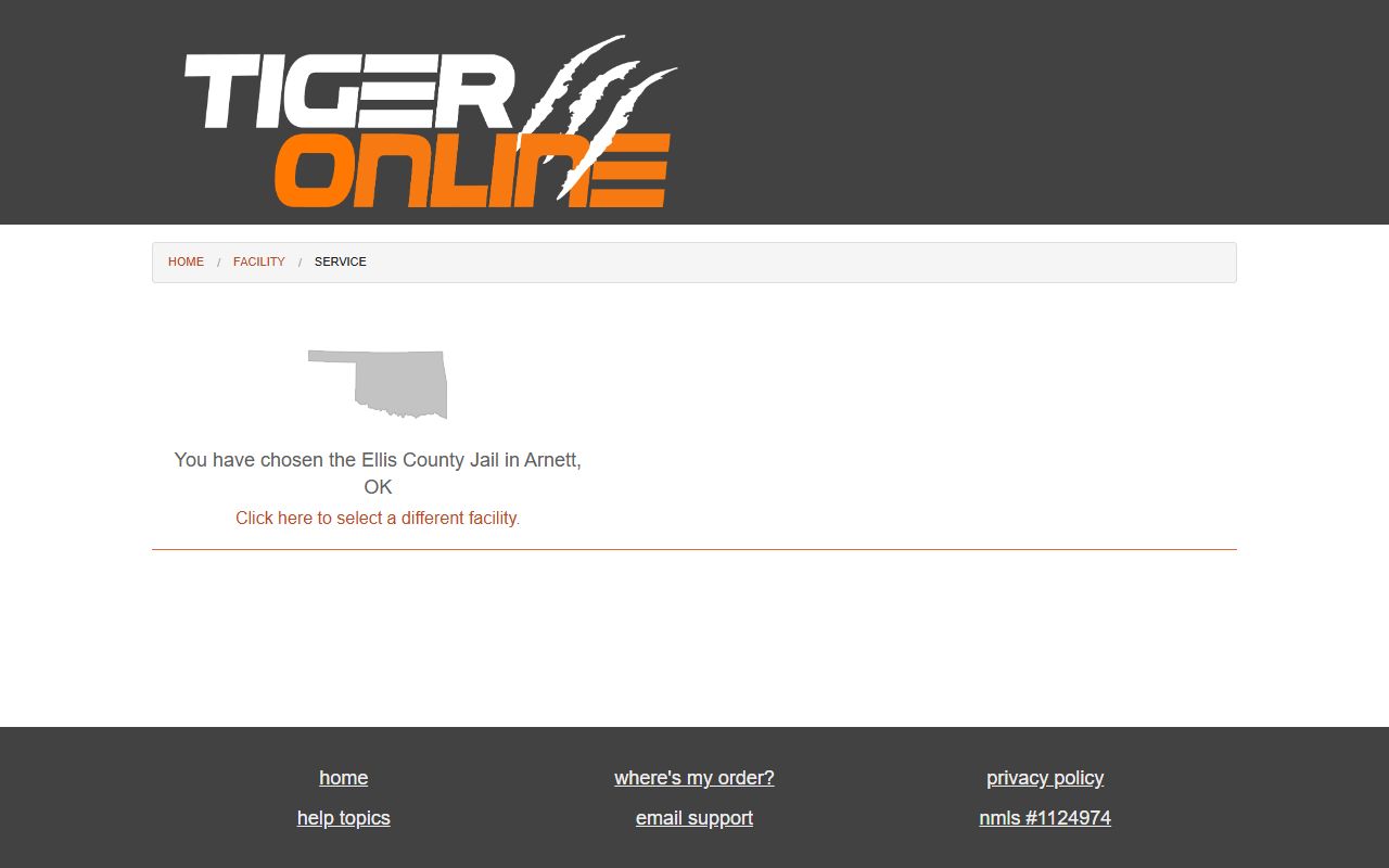 Tiger Commissary Ellis County Jail deposit page for inmate funds at the Arnett facility