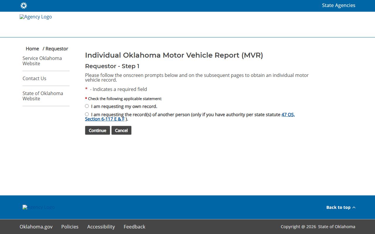 Ellis County traffic driver record request on the Oklahoma MVR portal start screen